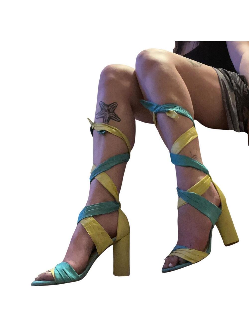 Y2K Turquoise + Yellow Lace Up Ankle Wrap Block Heels